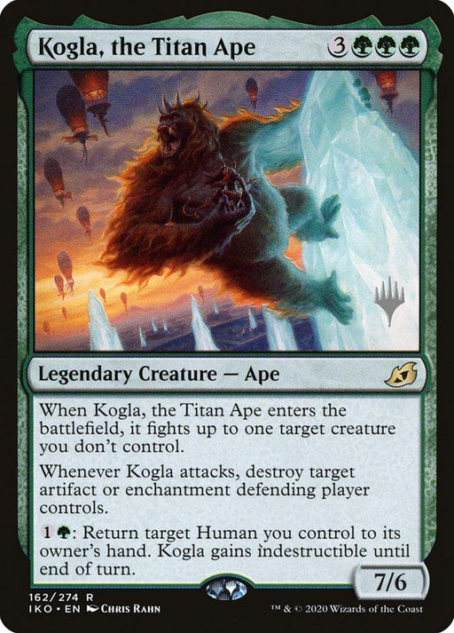 A Magic: The Gathering card titled "Kogla, the Titan Ape (Promo Pack) [Ikoria: Lair of Behemoths Promos]," illustrated by Chris Rahn. Featured in Ikoria: Lair of Behemoths, this green Legendary Creature presents an imposing ape in a battle stance among icy shards, with abilities to fight, destroy artifacts or enchantments when attacking, and gain indestructibility.