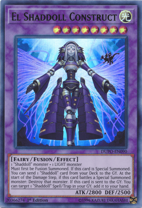 A Yu-Gi-Oh! trading card titled "El Shaddoll Construct [DUPO-EN090] Ultra Rare." This Ultra Rare Fusion/Effect Monster features a robotic, female figure with white hair and light blue armor, standing with outstretched arms. The background is a gradient of purple hues. The card has 2800 ATK and 2500 DEF, with detailed abilities and summoning requirements.