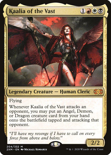 Image of the Magic: The Gathering card "Kaalia of the Vast [Double Masters]" from Magic: The Gathering. The card features a fiery illustration by Michael Komarck of Kaalia, a red-haired woman with red and black wings, holding a sword aloft. With its gold border marking it as a mythic legendary creature human cleric with flying abilities.