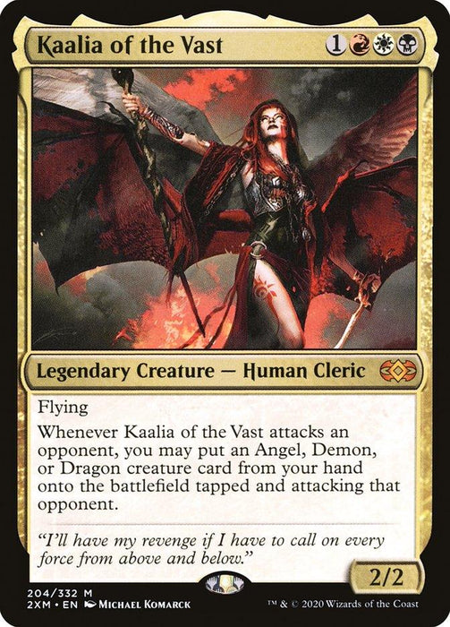 Image of the Magic: The Gathering card "Kaalia of the Vast [Double Masters]" from Magic: The Gathering. The card features a fiery illustration by Michael Komarck of Kaalia, a red-haired woman with red and black wings, holding a sword aloft. With its gold border marking it as a mythic legendary creature human cleric with flying abilities.
