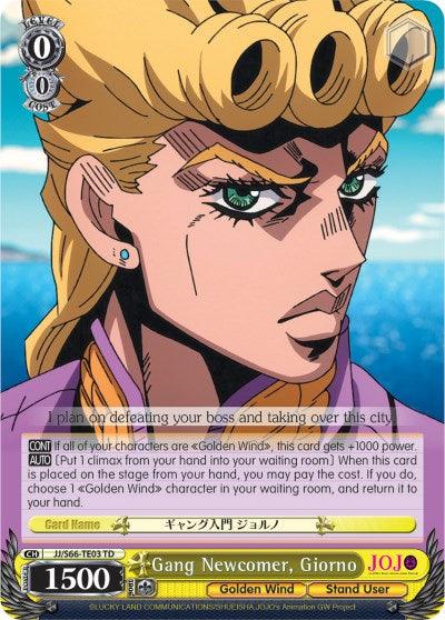 A "Bushiroad" trading card from the "Golden Wind" Trial Deck featuring "Gang Newcomer, Giorno (JJ/S66-TE03 TD) [JoJo's Bizarre Adventure: Golden Wind]" from "JoJo's Bizarre Adventure". The character has short blond hair with distinctive curls and is wearing a purple jacket. The card has a yellow border and text detailing various game mechanics and stats.