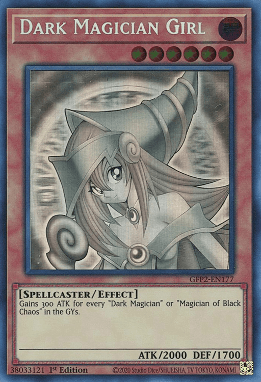 A Yu-Gi-Oh! trading card titled "Dark Magician Girl [GFP2-EN177] Ghost Rare." The card image, in Ghost Rare from the Ghosts From the Past series, depicts a young sorceress in a stylized, magical outfit with a pointed hat. Her spellcaster effect boosts ATK for each "Dark Magician" or "Magician of Black Chaos" in the graveyard. ATK: