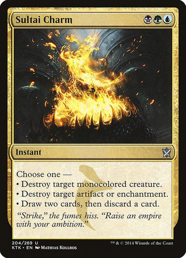 The Magic: The Gathering card "Sultai Charm [Khans of Tarkir]" is an Uncommon Instant with a striking image of a fiery beast set against a dark background. It grants three potent abilities: destroying a creature, artifact, or enchantment, or drawing two cards and then discarding one.