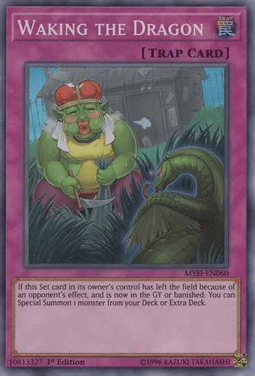 A Yu-Gi-Oh! card titled "Waking the Dragon [MYFI-EN060] Super Rare," classified as a Super Rare Normal Trap. The artwork depicts a green, ogre-like creature with red goggles, a yellow shirt, and red pants, holding a spiked club. The creature stands next to a menacing, large green dragon emerging from dark water in an eerie swamp environment.