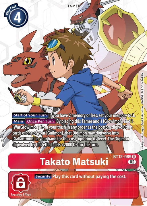 A Digimon card featuring a Tamer named "Takato Matsuki" alongside his dinosaur-like Digimon, possibly Guilmon, with a play cost of 4. The text describes the effects and includes a "Security Effect" box stating the card can be played without cost. The edges boast red and white designs is called **Takato Matsuki [BT12-089] (Alternate Art) [Across Time]** from **Digimon**.