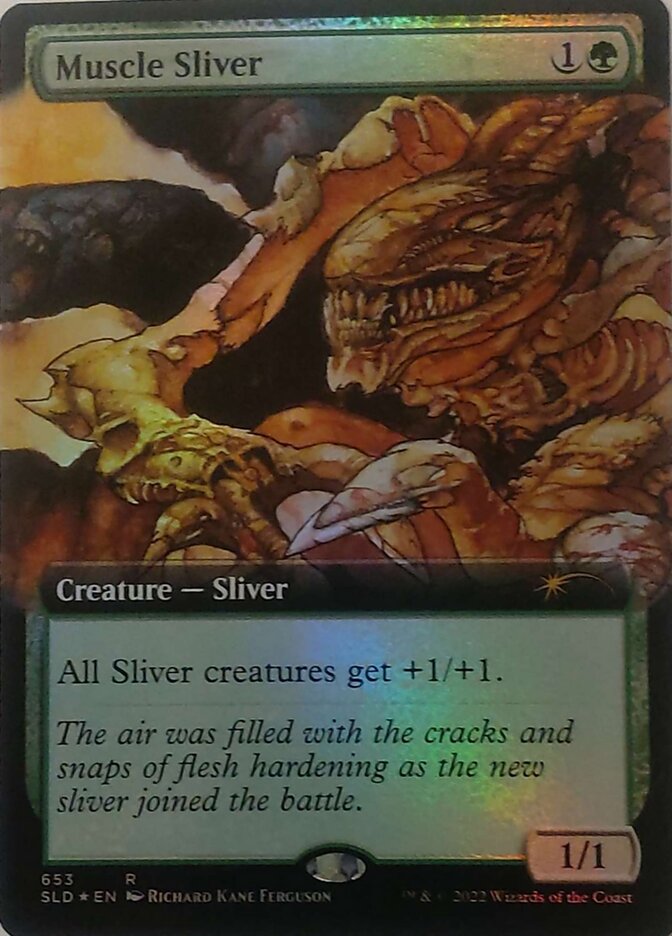 The "Muscle Sliver (Extended Art)" card from Magic: The Gathering's Secret Lair Drop Promos features a rare creature with muscular arms, sharp claws, and a fierce expression. With a casting cost of 1 green and 1 colorless mana, it boosts all Sliver creatures by +1/+1. The artwork is by Richard Kane Ferguson.