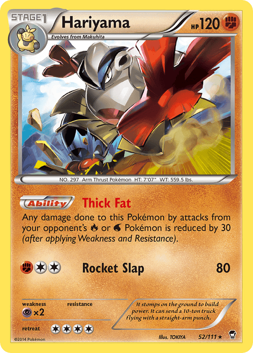 A rare Pokémon Hariyama (52/111) [XY: Furious Fists] trading card. The card shows a Furious Fists illustration of the large yellow and red humanoid Pokémon, with a determined expression. Text at the top reads "Hariyama." It has 120 HP and its abilities and attacks include "Thick Fat" and "Rocket Slap." Its type is Fighting.