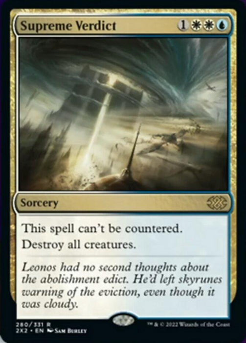 A Magic: The Gathering product named "Supreme Verdict [Double Masters 2022]" from Magic: The Gathering. This Rare Sorcery costs one white, one blue, and two colorless mana. Its text reads "This spell can't be countered. Destroy all creatures." The artwork shows a city being obliterated by a massive energy vortex. Card number is 280/331.