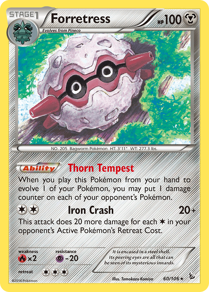 A rare Pokémon trading card from the XY: Flashfire series featuring Forretress, a Bug-type and Steel-type Pokémon. Numbered 60/106, Forretress is depicted as a round creature with a red segmented outer shell and peering eyes. It boasts two abilities, 