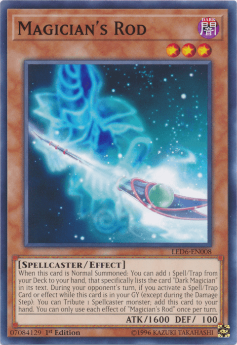 A Yu-Gi-Oh! trading card titled "Magician's Rod [LED6-EN008] Common" from the Legendary Duelists: Magical Hero series, featuring a spellcaster/effect description. The artwork showcases a glowing rod with mystical energy, swirling blue magical effects, and an ornate red handle. This Dark Magician Effect Monster has ATK/1600 and DEF/100.