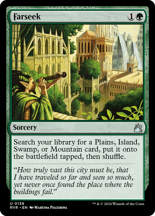 A Farseek [Ravnica Remastered] Magic: The Gathering card from the Ravnica Remastered set features a green border and artwork of a medieval city with tall buildings and lush greenery. In the foreground, an elf uses a telescope to scout new places. The text box explains the sorcery's function and includes a quote about discovering new plains.