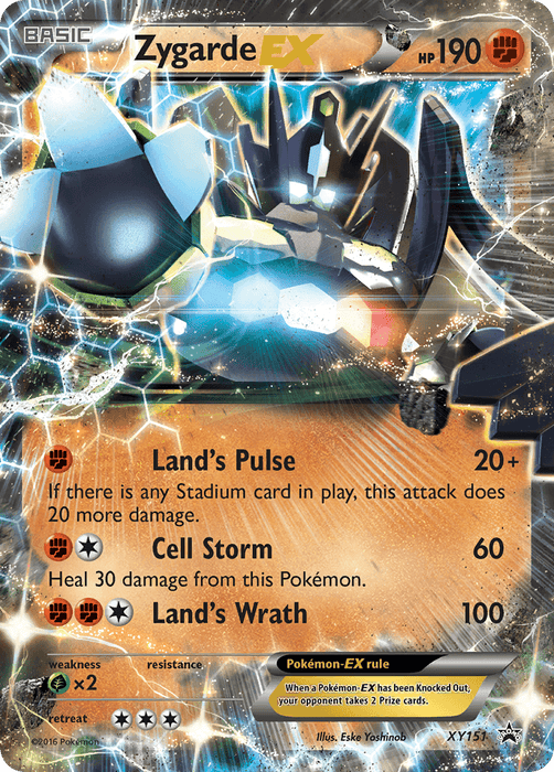 A Pokémon Zygarde EX (XY151) [XY: Black Star Promos] card featuring Zygarde-EX with 190 HP from the 2016 XY Black Star Promos. This holographic card showcases a detailed image of Zygarde in its Complete Forme. As a Fighting Type, it has attacks like Land's Pulse, Cell Storm, and Land's Wrath. Weakness to Fairy type and a retreat cost of 3 highlight its Promo R.