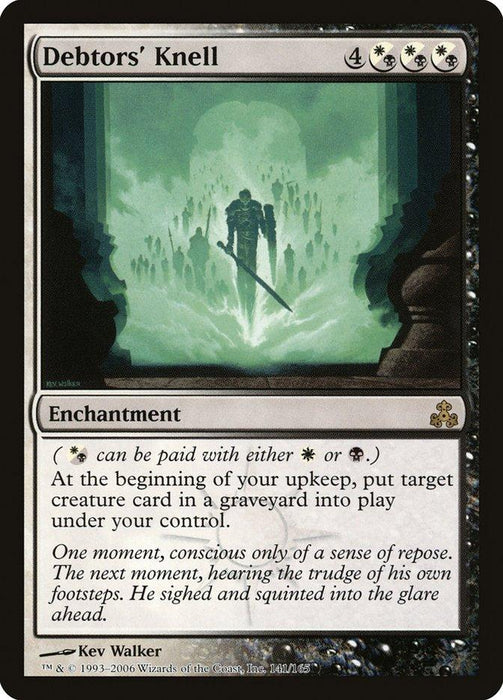 A Magic: The Gathering product titled "Debtors' Knell [Guildpact]" from the Guildpact set. Costing 4 white/black hybrid mana and 3 generic mana, this enchantment shows a figure with a glowing staff in an ominous setting. At the beginning of your upkeep, return a creature from any graveyard to the battlefield. Art by Kev Walker.