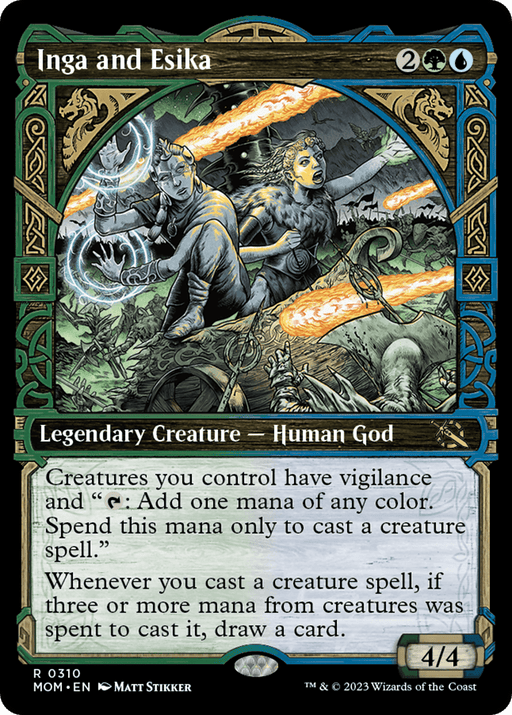 A fantasy artwork of Inga and Esika (Showcase Planar Booster Fun) [March of the Machine], Legendary Creatures from the Magic: The Gathering card game. They stand amid glowing, ethereal light in a mystical forest background. The card name, mana cost, type, and text detailing their vigilance ability and stats (4/4) are prominently displayed.