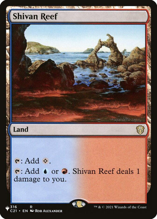 A Magic: The Gathering card named "Shivan Reef [Secret Lair: Heads I Win, Tails You Lose]," part of the Secret Lair series. It is a Rare Land card with artwork depicting a rocky coastal landscape and an arch-shaped rock formation. The text reads "{T}: Add {C} or {T}: Add {U} or {R}. Shivan Reef deals 1 damage to you." Illustrated by Rob Alexander.