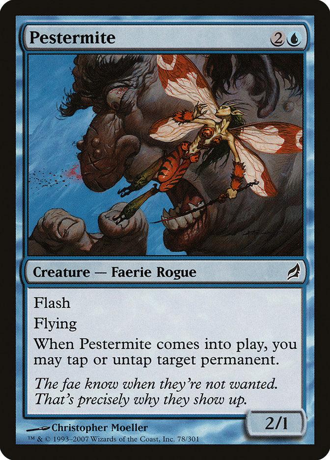 A Magic: The Gathering card named "Pestermite [Lorwyn]" features a blue border, indicating an "Instant" or "Sorcery" type. The illustration depicts a small Faerie Rogue with gossamer wings pestering a large ogre. The card text outlines its abilities: Flash, Flying, and the option to tap or untap a permanent upon entering the battlefield.