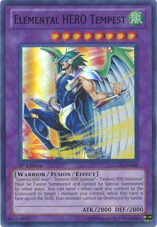 A Yu-Gi-Oh! product titled "Elemental HERO Tempest [LCGX-EN048] Super Rare." This Fusion/Effect Monster showcases an armored warrior with blue, green, and yellow wings, wielding a sword with lightning. The 1st Edition card boasts 2800 ATK and DEF, with its fusion requirements detailed.