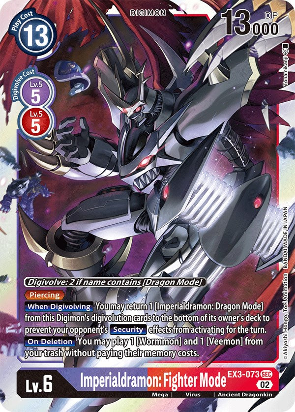 This Digimon Secret Rare card is Imperialdramon: Fighter Mode [EX3-073] [Draconic Roar], featuring a blue play cost of 13 and a white Digivolve cost of 5 from level 5, requiring 