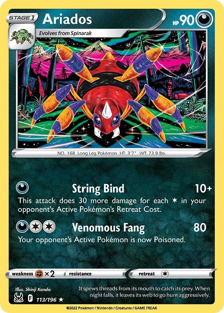 The image is of an Ariados (113/196) [Sword & Shield: Lost Origin] Pokémon card from the Pokémon series. Ariados is depicted as a spider-like creature with long legs and a red and yellow body. The card shows its HP as 90 and presents two attacks: 