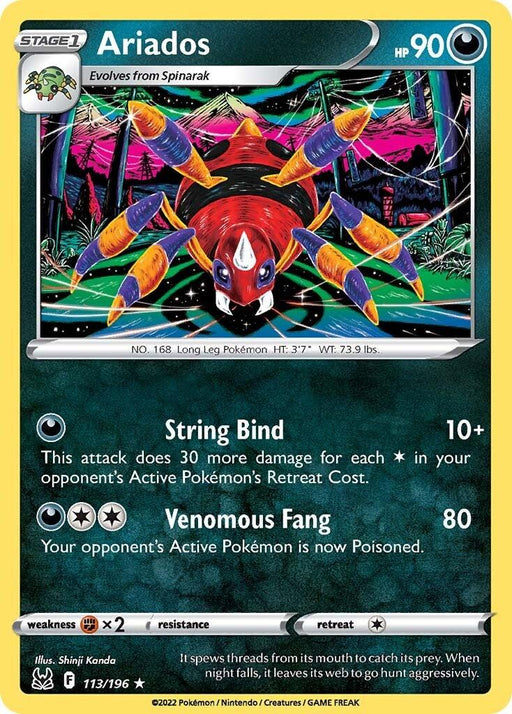 The image is of an Ariados (113/196) [Sword & Shield: Lost Origin] Pokémon card from the Pokémon series. Ariados is depicted as a spider-like creature with long legs and a red and yellow body. The card shows its HP as 90 and presents two attacks: "String Bind" and "Venomous Fang." Detailed stats include weight, height, and card number.