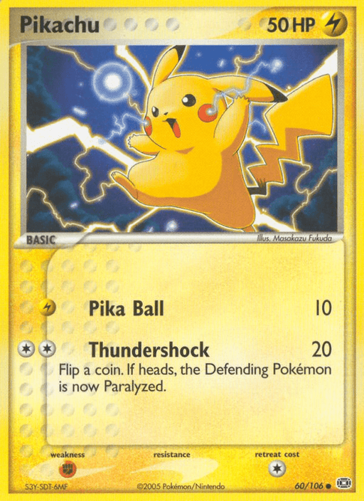 A Pokémon trading card featuring Pikachu (60/106) [EX: Emerald] from the Pokémon series. Pikachu, a yellow mouse-like creature with red cheeks, stands amidst an electric storm, with lightning bolts in the background. The Common card has 50 HP and includes the moves Pika Ball and Thundershock. It’s numbered 60/106.