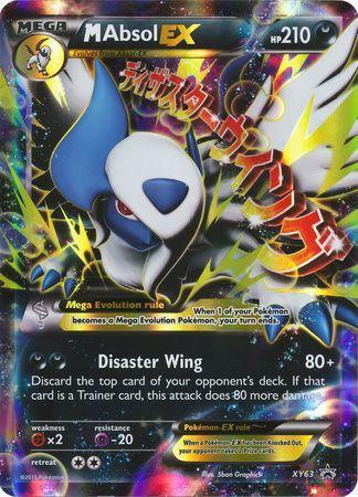 A Pokémon trading card featuring M Absol EX (XY63) (Jumbo Card) [XY: Black Star Promos] from the Pokémon series. Absol, a white, wolf-like Pokémon with a black face and sickle-shaped horn, is shown mid-attack. The card details HP 210, Disaster Wing attack, weaknesses, and resistances. The dark background swirls with vibrant energy patterns.