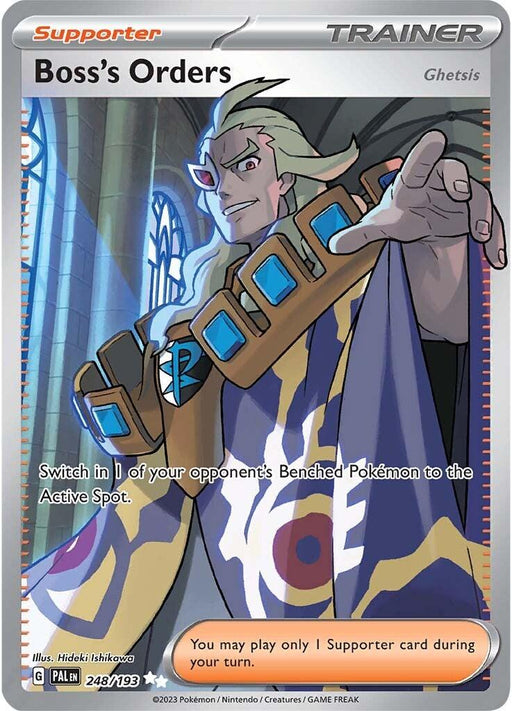 The image is of a Pokémon trading card titled "Boss's Orders (248/193) [Scarlet & Violet: Paldea Evolved]." It depicts Ghetsis with long hair, a prominent headdress, and an ornate cloak with blue and yellow patterns. He points forward authoritatively as the text instructs, "Switch in 1 of your opponent's Benched Pokémon to the Active Spot.