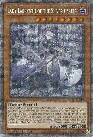 The Yu-Gi-Oh! card "Lady Labrynth of the Silver Castle [DABL-EN030] Starlight Rare" showcases intricate artwork featuring a silver-haired female character wielding a large, ornate weapon. This Starlight Rare Effect Monster boasts an impressive ATK of 3000 and DEF of 2900, detailed with various effects and attributes as a "Fiend/Effect" monster card.