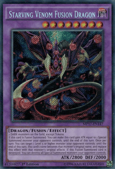 An image of a Yu-Gi-Oh! card titled "Starving Venom Fusion Dragon [MP17-EN147] Secret Rare" from the 2017 Mega-Tins. It has a purple border indicating a Fusion/Effect Monster. The dragon, dark purple with green eyes and large wings, is surrounded by dark energy. The card's ATK is 2800, DEF is 2000, with text visible.