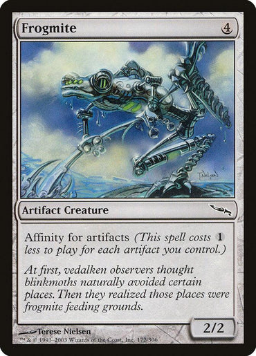 A Magic: The Gathering card titled "Frogmite [Mirrodin]," this Artifact Creature has a mana cost of 4 and features a robotic frog perched on a branch with mechanical parts. With its Affinity for artifacts, the flavor text delves into vedalken observers studying frogmite feeding grounds. Power/toughness: 2/2.