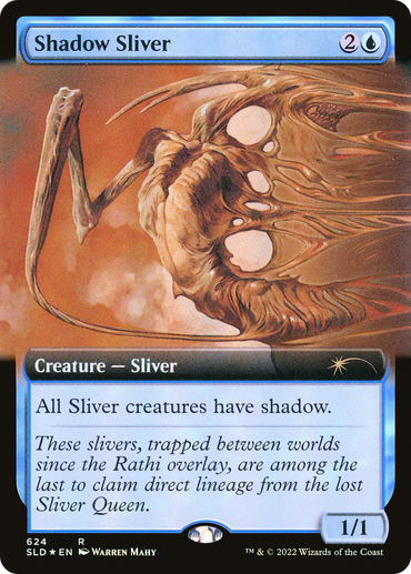 The Magic: The Gathering card titled "Shadow Sliver (Extended Art) [Secret Lair Drop Promos]" features artwork of a shadowy, insect-like creature with elongated limbs and detailed texture. This rare card costs 2 colorless and 1 blue mana, and is a creature type "Sliver" with power and toughness of 1/1. All Sliver creatures have shadow. It is card number 624, illustrated by Warren Mahy.