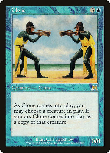 The Magic: The Gathering card "Clone [Onslaught]" features turquoise borders and an image of two identical shapeshifters on a beach. They are dressed in yellow armor and helmets while holding mirrors. Illustrated by Carl Critchlow, the text box describes the card's ability to duplicate another creature in play.