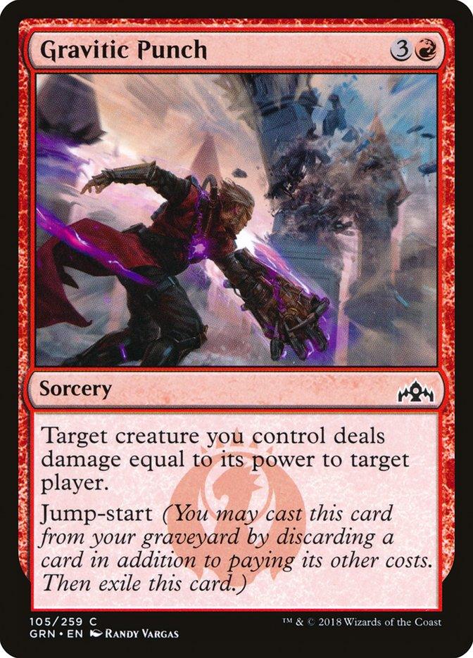 The image showcases a "Magic: The Gathering" card titled "Gravitic Punch [Guilds of Ravnica]." This red-bordered sorcery card from the Guilds of Ravnica set features a robed figure unleashing a powerful punch, causing energy to radiate outward and debris to fly. The text reads: "Target creature you control deals damage equal to its power to target player. Jump-start.