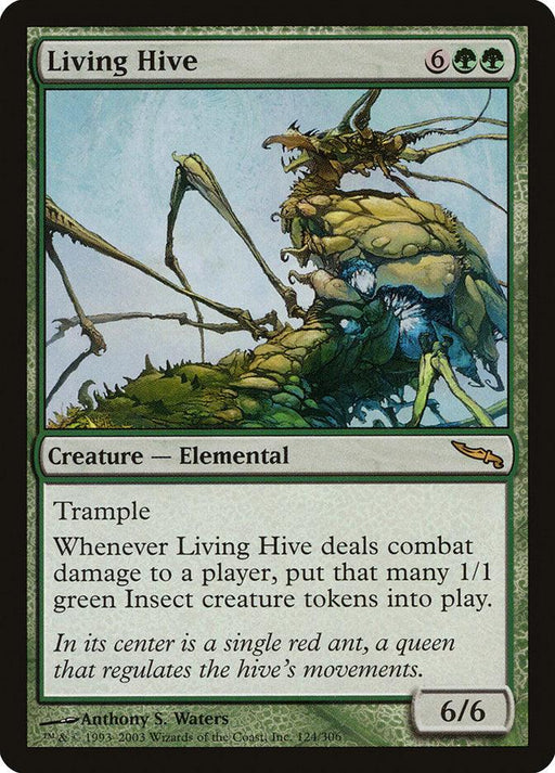 A Magic: The Gathering card from the Mirrodin set titled "Living Hive [Mirrodin]," featuring a 6/6 green Insect creature with multiple legs. This Elemental has trample and generates insect tokens when it deals damage, boasting a mana cost of 6 colorless and 2 green.