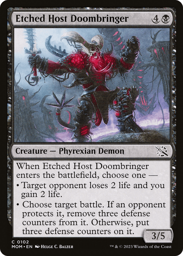 The image showcases an Etched Host Doombringer [March of the Machine] from Magic: The Gathering. It depicts a menacing Phyrexian Demon wielding a large bladed weapon, standing in a desolate, fiery landscape. The card text details its abilities and attack/defense stats, with dark reds and blacks dominating the color theme.