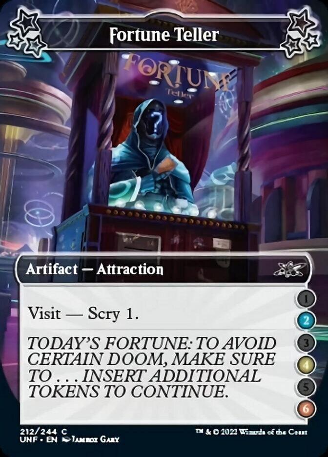 The Fortune Teller (2-4-6) card from the Magic: The Gathering Unfinity set features a mystical theme with a hooded figure standing in front of a marquee labeled 