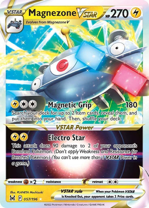 An image of a **Pokémon** trading card from the Sword & Shield: Lost Origin set features **Magnezone VSTAR (057/196) [Sword & Shield: Lost Origin]**, a robotic, UFO-like creature with magnets for arms. With 270 HP and two attacks—Magnetic Grip (180 damage) and Electro Star (affects up to 2 opponent's Benched Pokémon)—the lightning-type card is numbered 057/196 with a yellow border.