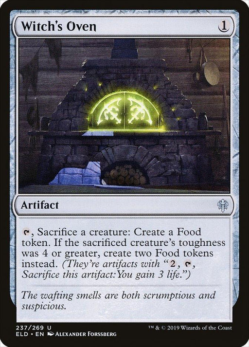 An illustration of a card named "Witch's Oven [Throne of Eldraine]" from Magic: The Gathering. The artifact features a glowing green oven with eerie, magical symbols. The card text describes how to use the artifact to create Food tokens, highlighting its abilities and effects within the game.