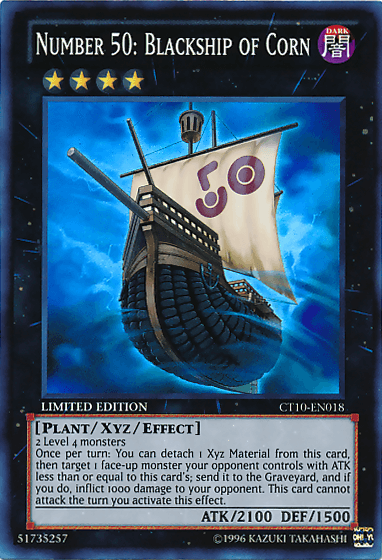 Yu-Gi-Oh! card titled "Number 50: Blackship of Corn [CT10-EN018] Super Rare." The image features a wooden ship with a large, purple sail adorned with number 50. This Super Rare card from the 2013 Collectors Tins has ATK of 2100 and DEF of 1500. As an Xyz/Effect Monster, its ability allows removal of opponent's monsters.