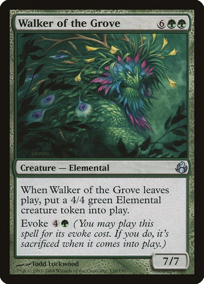 The card "Walker of the Grove [Morningtide]" from Magic: The Gathering features artwork depicting a green, plant-like Elemental creature adorned with flowers and leaves. It has a power/toughness of 7/7 and includes text detailing an evoke cost mechanism as well as an ability to create a 4/4 green Elemental creature when it leaves play.