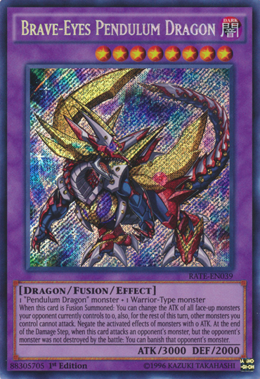 The Yu-Gi-Oh! card "Brave-Eyes Pendulum Dragon [RATE-EN039] Secret Rare" displays a holographic dragon with vivid wings and sharp claws. Its arched body accentuates its dragon, fusion/effect monster attributes.