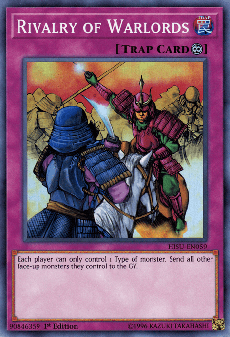 A Yu-Gi-Oh! card titled "Rivalry of Warlords [HISU-EN059] Super Rare" shows two armored warriors facing off. One in blue armor wields a sword, the other in red and purple holds a spear. The card's pink border indicates it's a Continuous Trap, with text at the bottom explaining its effect.