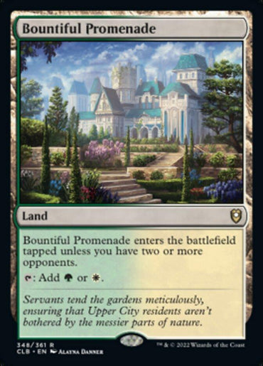 A trading card named "Bountiful Promenade [Commander Legends: Battle for Baldur's Gate]" by Magic: The Gathering. It features an illustrated scene of a lush, manicured garden with a castle-like building in the background under a bright sky. Fit for Commander Legends, the card text describes its gameplay effect and flavor text about servants tending the gardens.