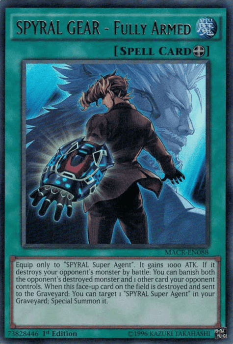 A Yu-Gi-Oh! Equip Spell Card named "SPYRAL GEAR - Fully Armed [MACR-EN088] Ultra Rare." The card depicts SPYRAL Super Agent in a suit with a glowing, high-tech arm device, standing confidently with a shadowy blue figure in the background. This Ultra Rare card features detailed descriptions and potent effects in its text box.