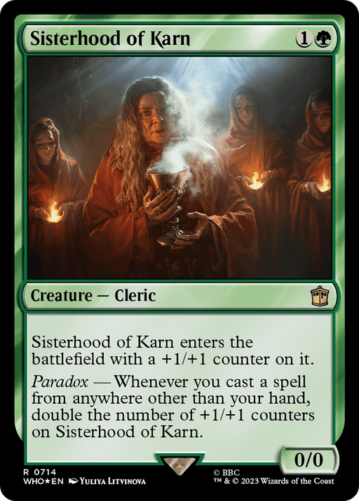A **Magic: The Gathering** card titled "Sisterhood of Karn (Surge Foil) [Doctor Who]." This green Creature Cleric card costs 1 generic and 1 green mana. It features an illustration of a group of robed women, one prominently holding a glowing chalice. With no base power and toughness, it gains +1/+1 counters through its effects.