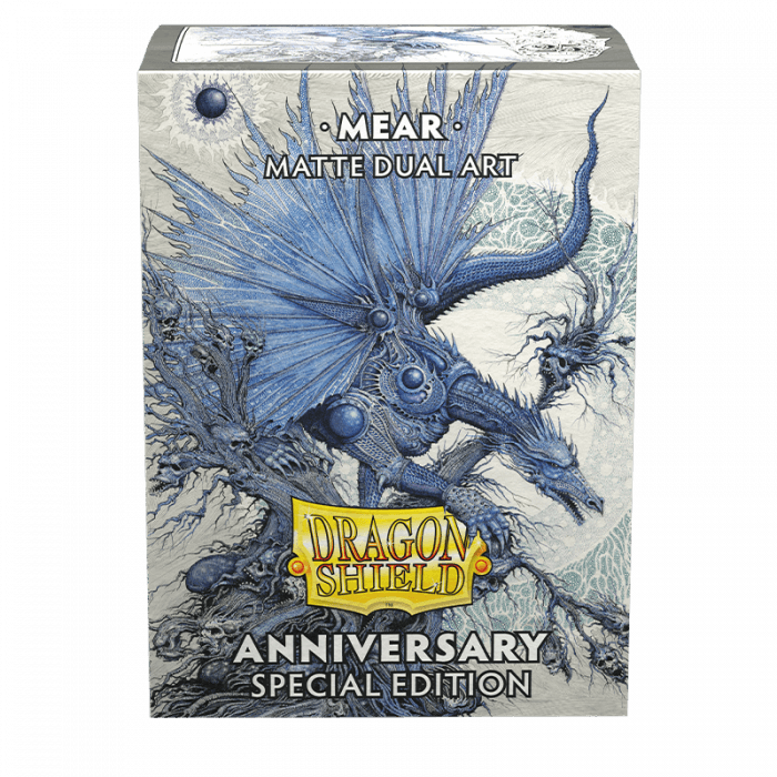 A box of Arcane Tinmen Dragon Shield: Standard 100ct Sleeves - Special Anniversary - Mear (Dual Matte) features an intricate dragon illustration on the front. The product name 