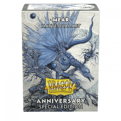 A box of Arcane Tinmen Dragon Shield: Standard 100ct Sleeves - Special Anniversary - Mear (Dual Matte) features an intricate dragon illustration on the front. The product name "Dragon Shield: Standard 100ct Sleeves - Special Anniversary - Mear (Dual Matte)" is at the top, with "Arcane Tinmen" in a yellow emblem at the center. "Anniversary Special Edition" adorns the bottom, perfect for protecting your TCG cards with detailed fantasy artwork.