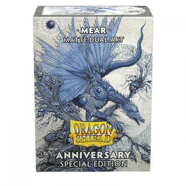 A box of Arcane Tinmen Dragon Shield: Standard 100ct Sleeves - Special Anniversary - Mear (Dual Matte) features an intricate dragon illustration on the front. The product name "Dragon Shield: Standard 100ct Sleeves - Special Anniversary - Mear (Dual Matte)" is at the top, with "Arcane Tinmen" in a yellow emblem at the center. "Anniversary Special Edition" adorns the bottom, perfect for protecting your TCG cards with detailed fantasy artwork.