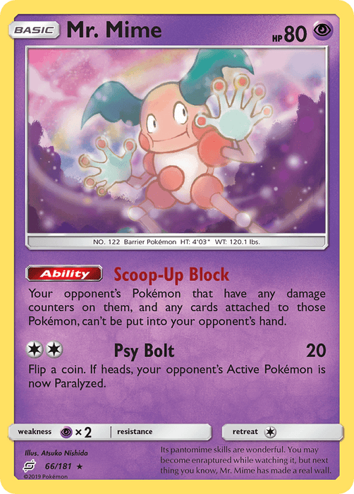 Discover a rare Pokémon card from the Sun & Moon: Team Up series featuring Mr. Mime, a Psychic-type with 80 HP. This card showcases two abilities: "Scoop-Up Block," which prevents opponents from picking up Pokémon with damage counters, and "Psy Bolt," delivering 20 damage with a chance to paralyze the opponent's Active Pokémon. It’s labeled as card number 66/181 in the series by Pokémon.