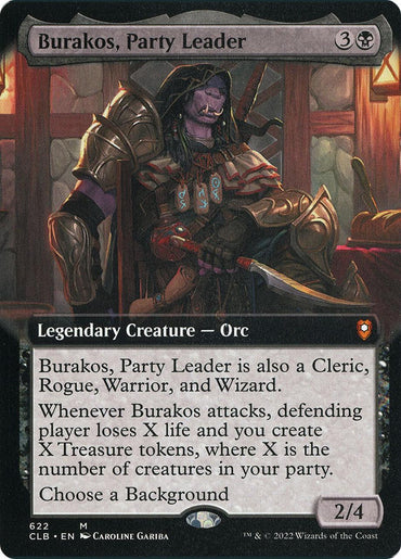 Image of a Magic: The Gathering card titled "Burakos, Party Leader (Extended Art) [Commander Legends: Battle for Baldur's Gate]" from Magic: The Gathering. It costs three generic and one black mana to play. Burakos is an Orc and Legendary Creature who serves as a Cleric, Rogue, Warrior, and Wizard. Power/Toughness is 2/4. Illustration by Caroline Gariba.